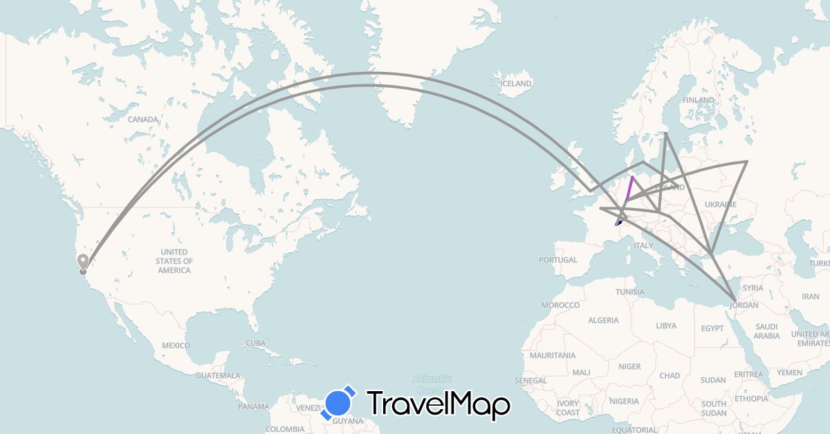TravelMap itinerary: driving, plane, train in Austria, Switzerland, Germany, Denmark, France, United Kingdom, Hungary, Israel, Poland, Russia, Sweden, Turkey, United States (Asia, Europe, North America)